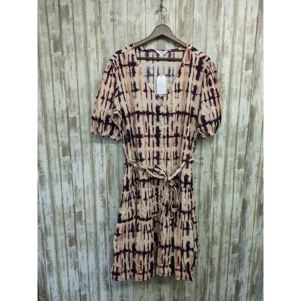 Time and Tru Linen Blend Cream Tie Dye Belted Dress Button Puff Sleeve Large NWT